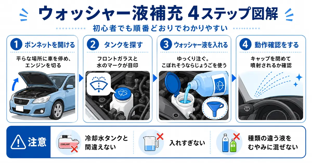 車のウォッシャー液を補充する4ステップとしてボンネットを開ける、タンクを探す、液を入れる、動作確認をする手順を説明した図解