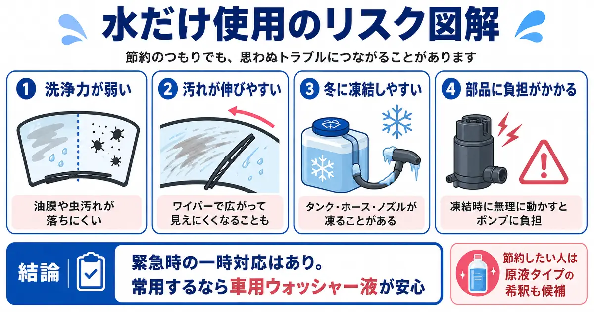ウォッシャー液の代わりに水だけを使うリスクとして洗浄力不足、汚れの広がり、凍結、ポンプへの負担を説明した図解