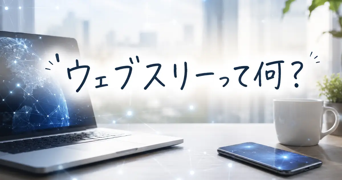 ウェブスリーとは何かを初心者向けに解説する記事のアイキャッチ画像。ノートパソコンとスマホ、デジタルネットワーク背景に「ウェブスリーって何？」の文字入り。