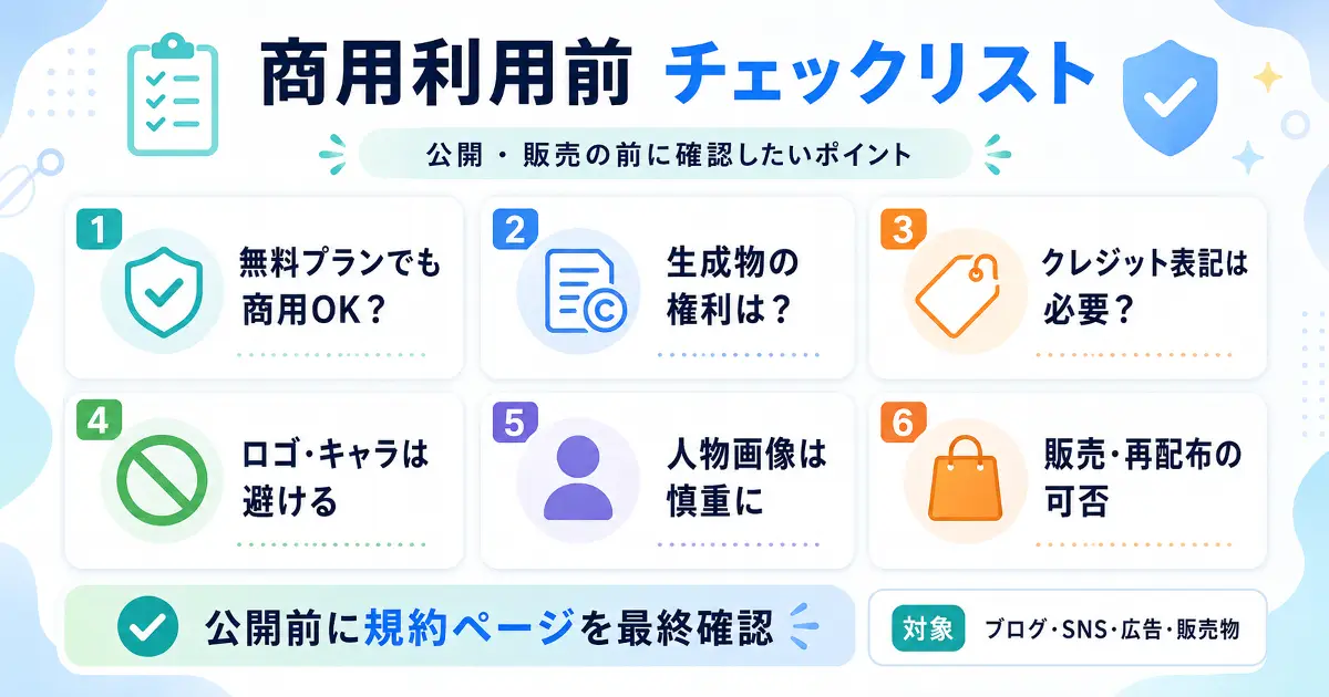 生成AIの商用利用前に確認する無料プラン・権利・クレジット表記・販売再配布のチェックリスト画像