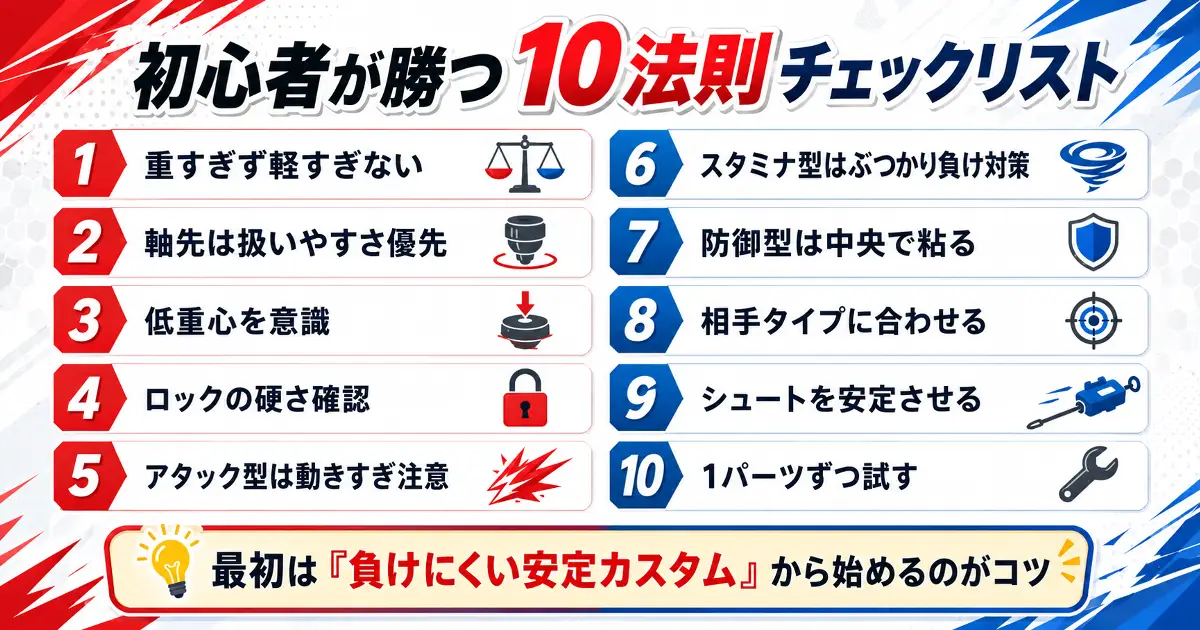 ベイブレードバースト初心者が勝つための重さ、軸先、低重心、ロック、相手タイプ、シュート安定など10法則をまとめたチェックリスト画像
