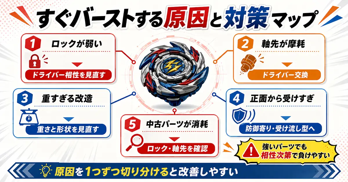 ベイブレードバーストがすぐバーストする原因としてロックの弱さ、軸先摩耗、重すぎる改造、中古パーツ消耗などを対策付きで解説した画像