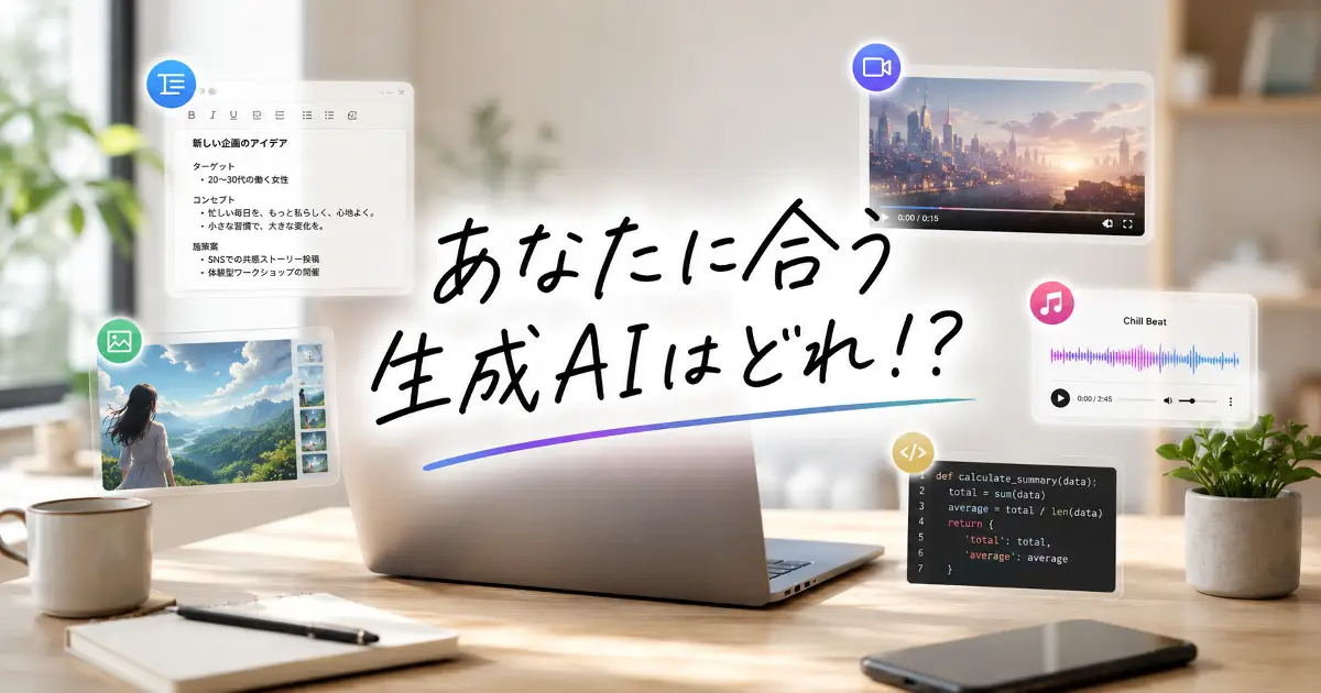 あなたに合う生成AIはどれかを文章・画像・動画・音楽・コード別に比較するアイキャッチ画像