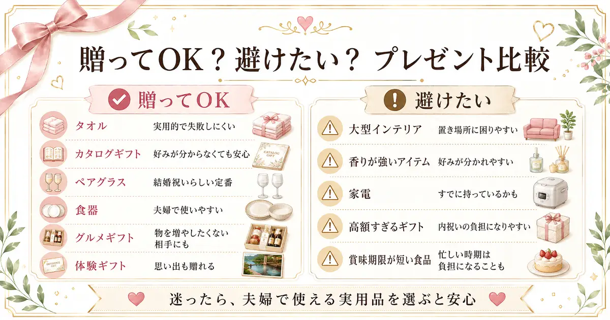 結婚祝いで贈ってOKなプレゼントと避けたいプレゼントを比較した一覧画像