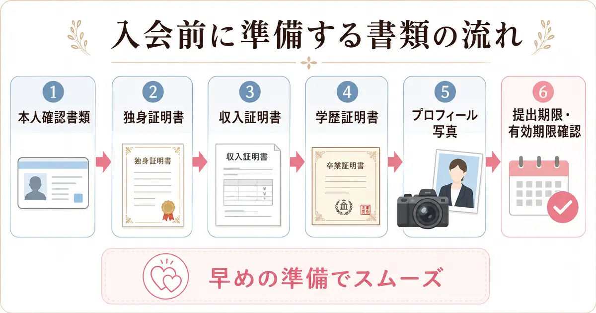 結婚相談所に入会する前に準備する書類の流れを説明する画像