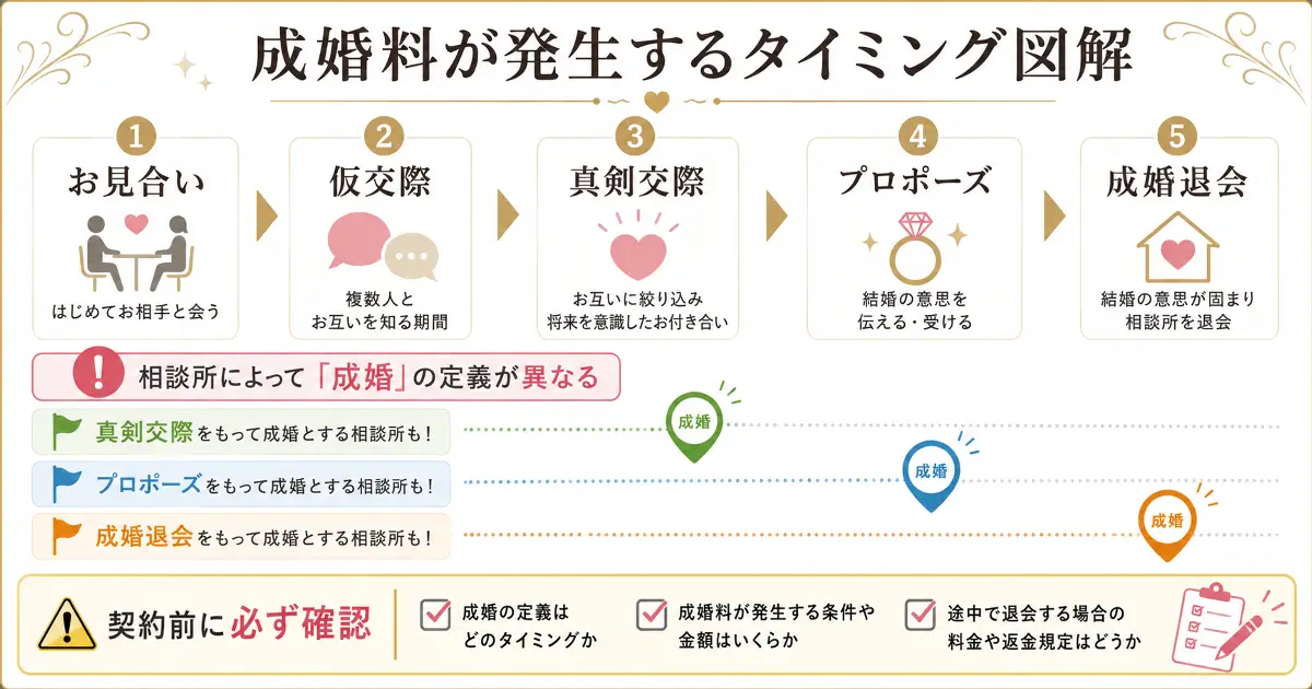 結婚相談所の成婚料が発生するタイミングを説明する図解画像