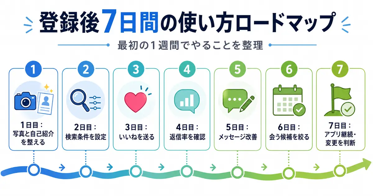 マッチングアプリ登録後7日間でやることをまとめた使い方ロードマップ画像
