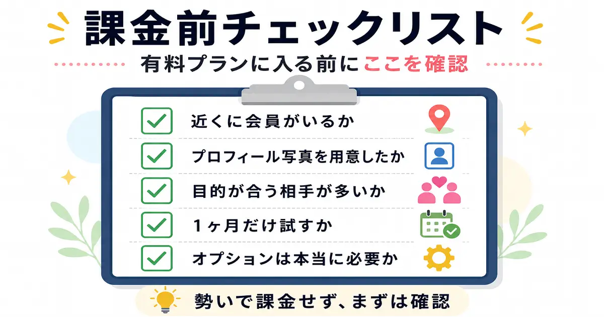 マッチングアプリの有料プランに入る前に確認したい課金前チェックリスト画像