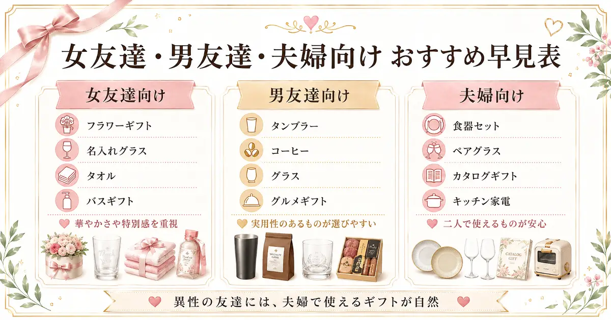 女友達・男友達・夫婦向けにおすすめの結婚祝いプレゼントを比較した早見表