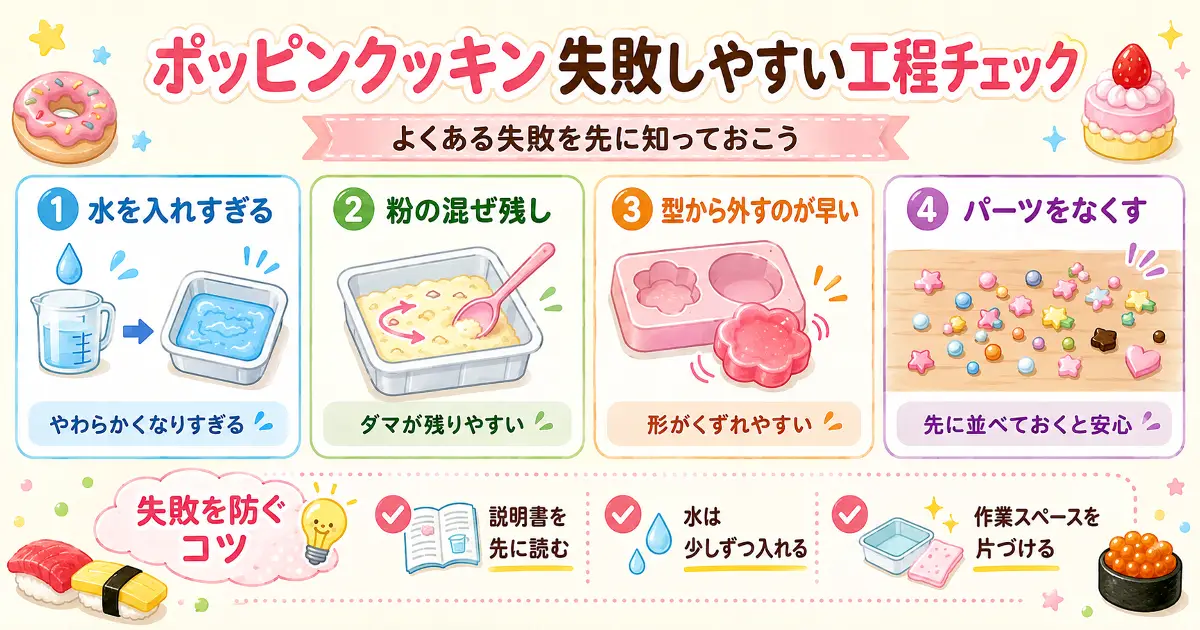 ポッピンクッキンで失敗しやすい工程を、水の入れすぎや粉の混ぜ残しなどで解説した図解画像