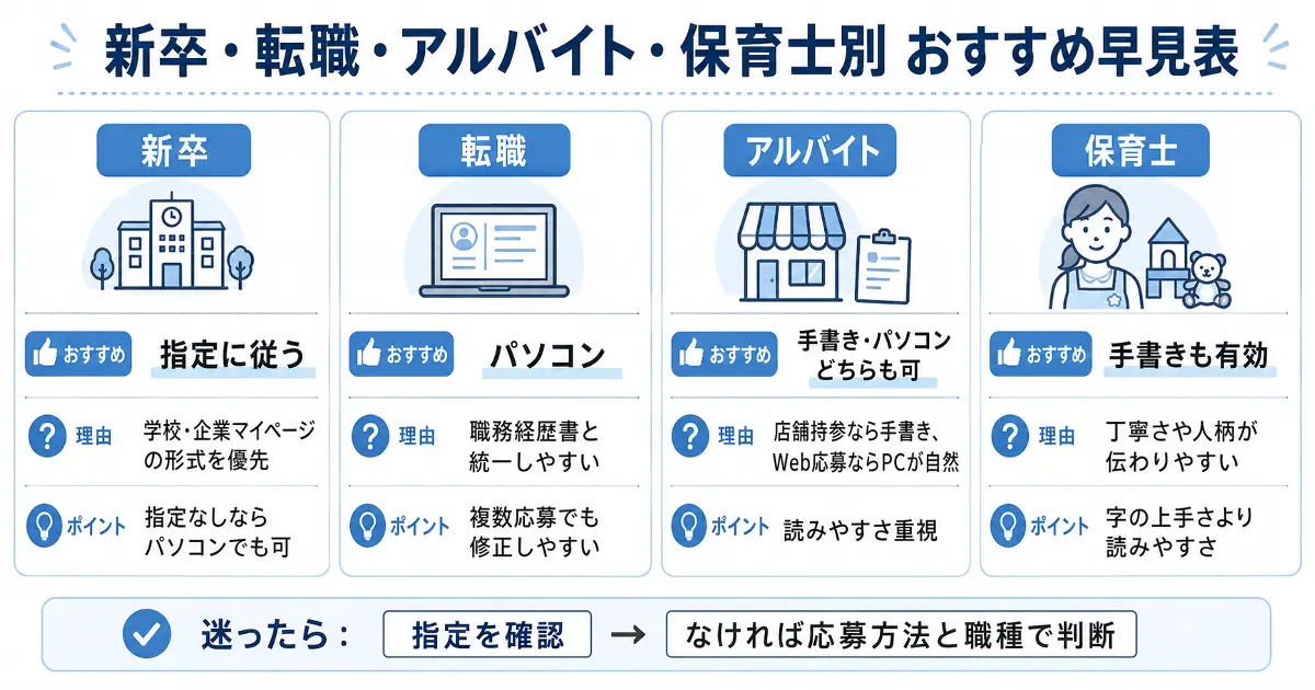 新卒 転職 アルバイト 保育士別に履歴書の手書きとパソコン作成のおすすめを比較した早見表