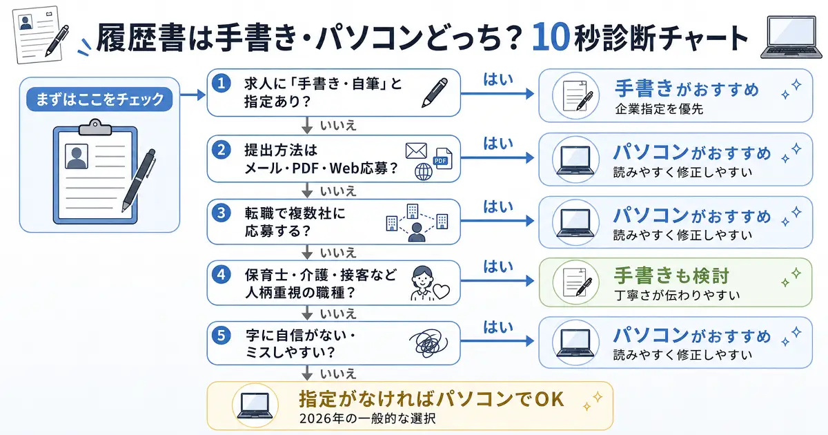 履歴書は手書きかパソコンかを求人指定や提出方法から判断する10秒診断チャート