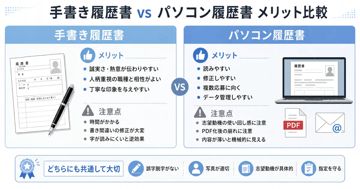 手書き履歴書とパソコン履歴書のメリットと注意点を比較した図解画像
