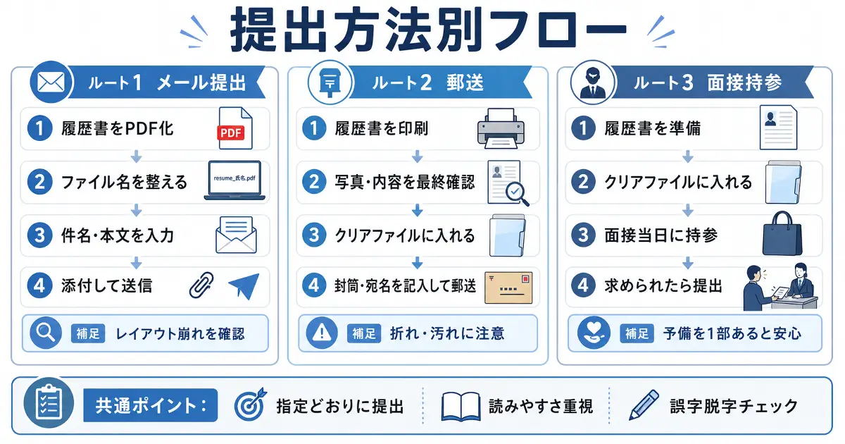 履歴書のメール提出 郵送 面接持参の手順を比較した提出方法別フロー図