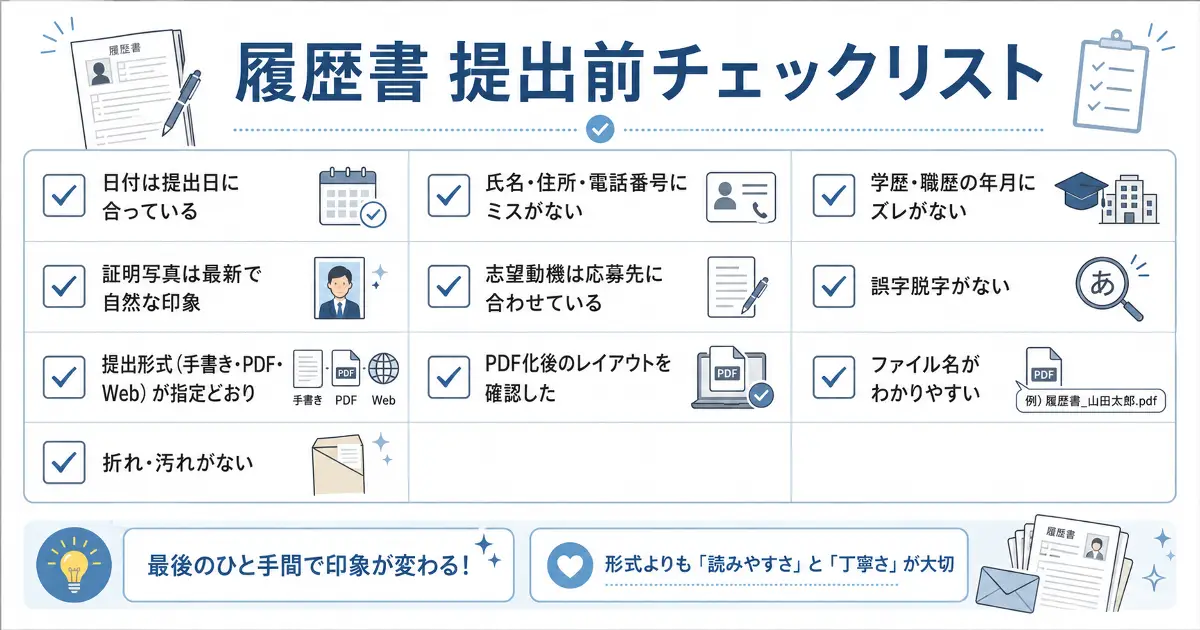 履歴書提出前に確認する日付 写真 誤字脱字 PDF化 ファイル名などのチェックリスト画像