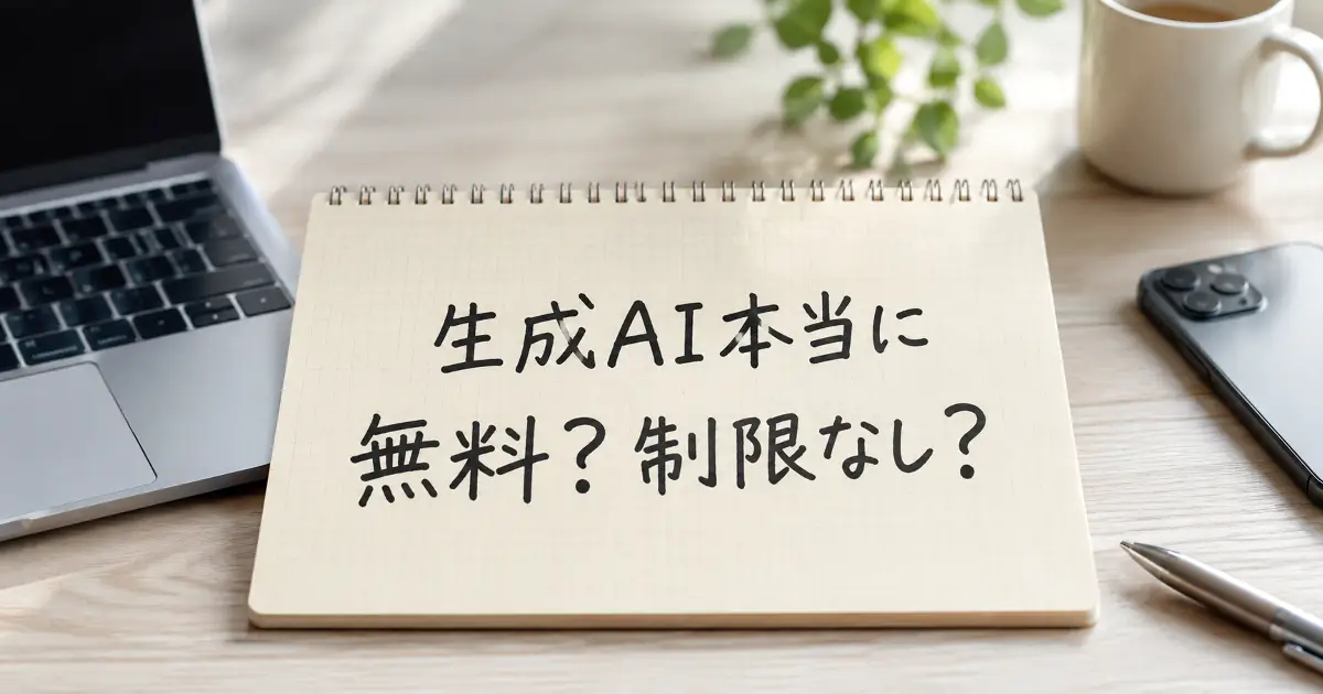 生成AI本当に無料？制限なし？と書かれたノートとパソコン・スマホが並ぶデスク画像