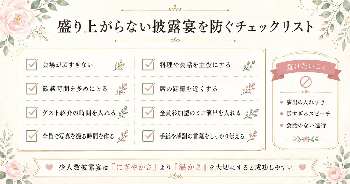 少人数披露宴で盛り上がらない雰囲気を防ぐための会場選び、歓談時間、ゲスト紹介、写真撮影のチェックリスト画像