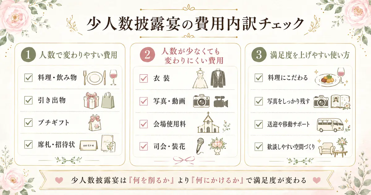 少人数披露宴の費用内訳を料理飲み物、引き出物、衣装、写真動画、会場使用料などで整理したチェックリスト画像