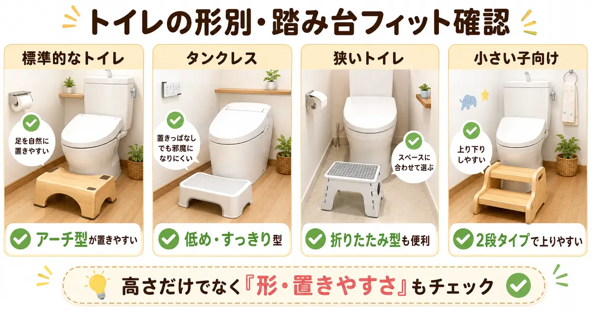 標準的なトイレ、タンクレストイレ、狭いトイレ、小さい子向けトイレに合う踏み台の形を比較した画像