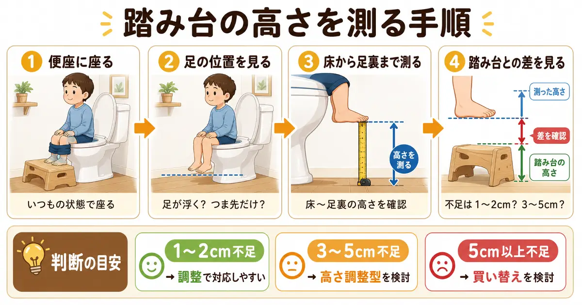 子どもを便座に座らせて足の位置を確認し、床から足裏まで測って踏み台との差を見る手順画像