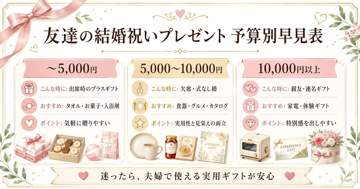 友達の結婚祝いプレゼントを5000円以内・5000円から10000円・10000円以上で比較した予算別早見表