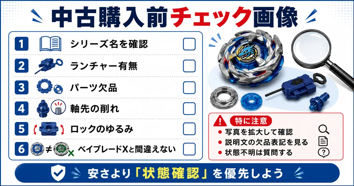 中古ベイブレードバースト購入前にシリーズ名、ランチャー有無、パーツ欠品、軸先の削れ、ロックのゆるみ、ベイブレードXとの間違いを確認するチェック画像
