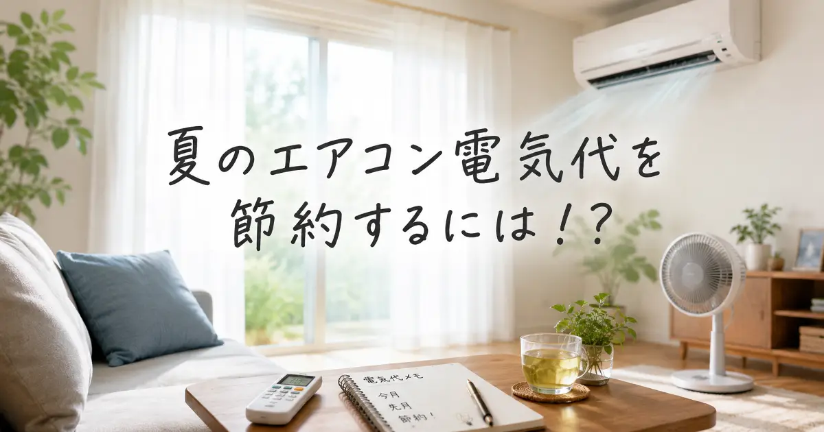 夏のリビングでエアコンと扇風機を使いながら電気代節約を考えるイメージ画像