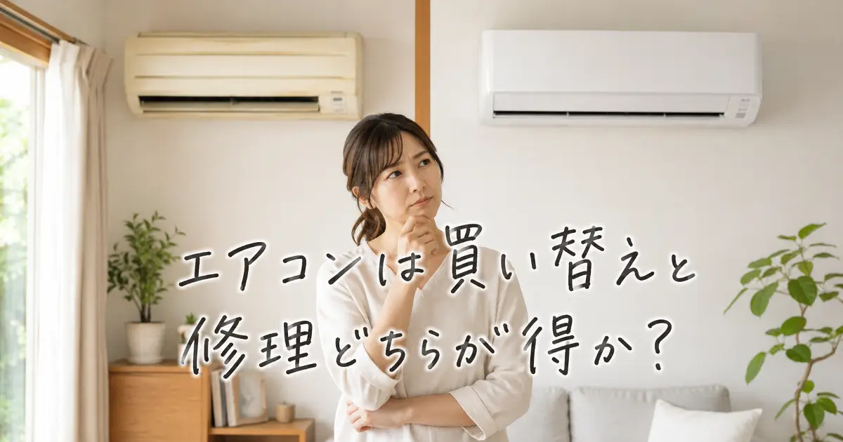 古いエアコンと新しいエアコンを見比べながら買い替えと修理のどちらが得か考える女性のイメージ