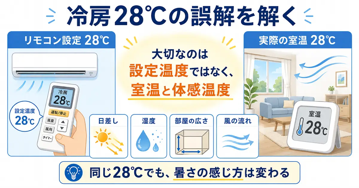 冷房28℃の設定温度と実際の室温や体感温度の違いを説明する図解画像