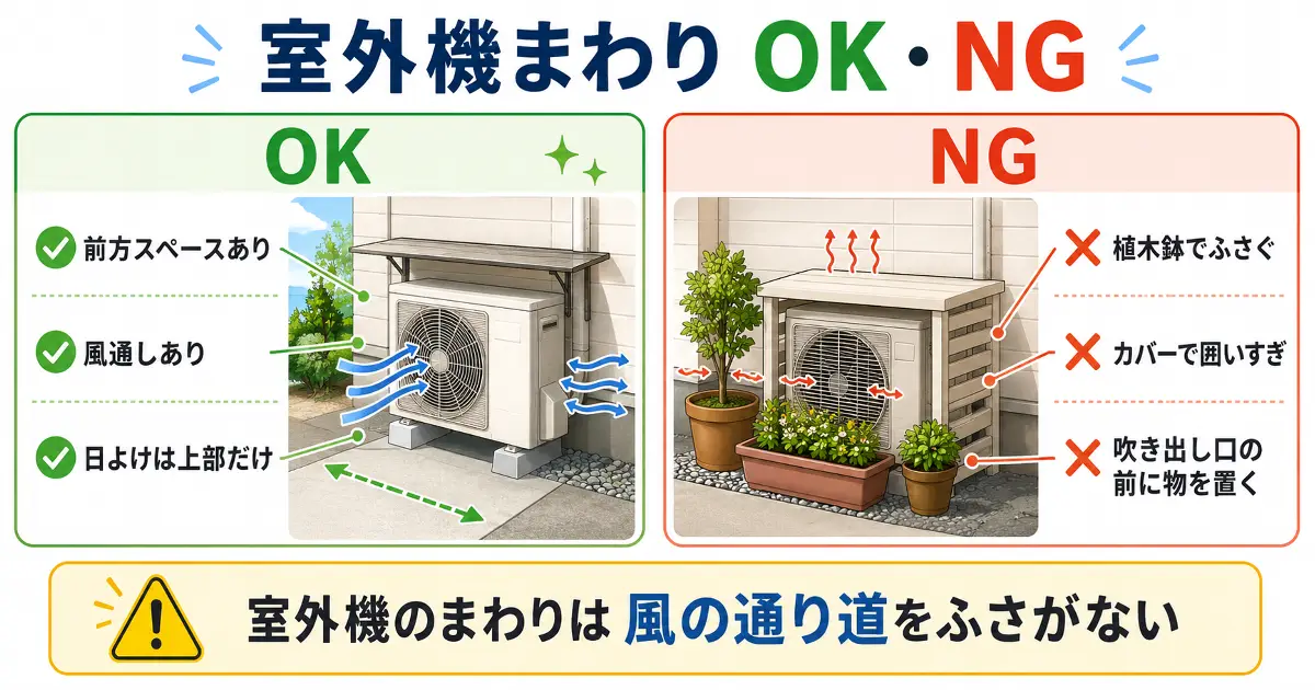 エアコン室外機まわりの風通しを確保するOK例と物でふさぐNG例を比較した画像