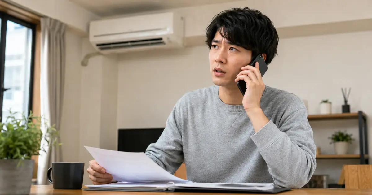 賃貸の部屋でエアコンの不具合について書類を確認しながら管理会社へ電話している男性の様子