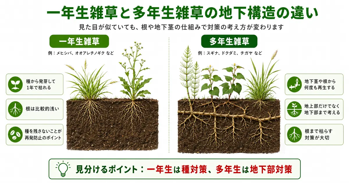 一年生雑草の浅い根と多年生雑草の地下茎や根の広がりを比較した断面図