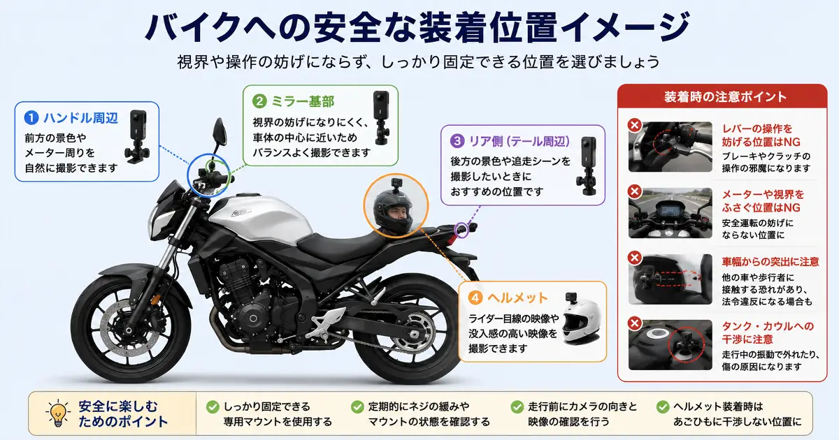 Insta360をバイクへ安全に取り付ける位置と注意点のイメージ