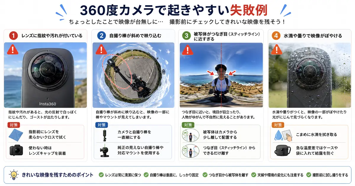 360度カメラで起きやすい失敗例と対策をまとめたイメージ