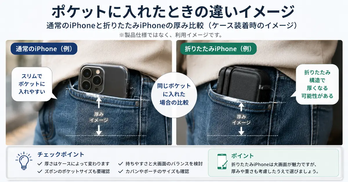 通常のiPhoneと折りたたみiPhoneをポケットへ入れた際の厚みイメージ比較