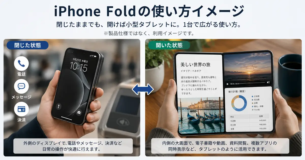 折りたたみiPhoneを閉じた状態と開いた状態で利用するイメージ画像
