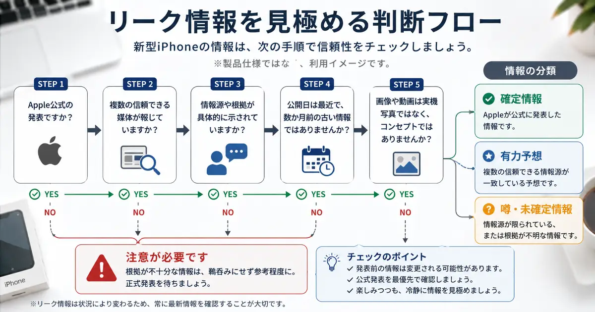 Apple公式情報とリーク情報を見分けるための判断フロー図