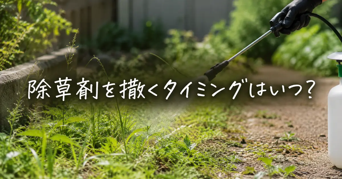 庭の雑草に噴霧器で除草剤を撒く様子と「除草剤を撒くタイミングはいつ？」の文字